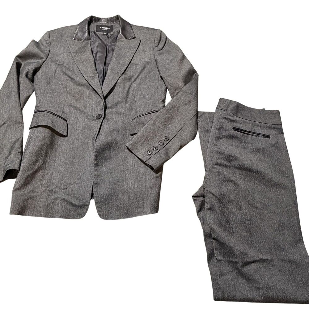 Express Pant Suit Juniors 7/8 Gray Stretch 2 Piece Blazer Dress Pants Career
